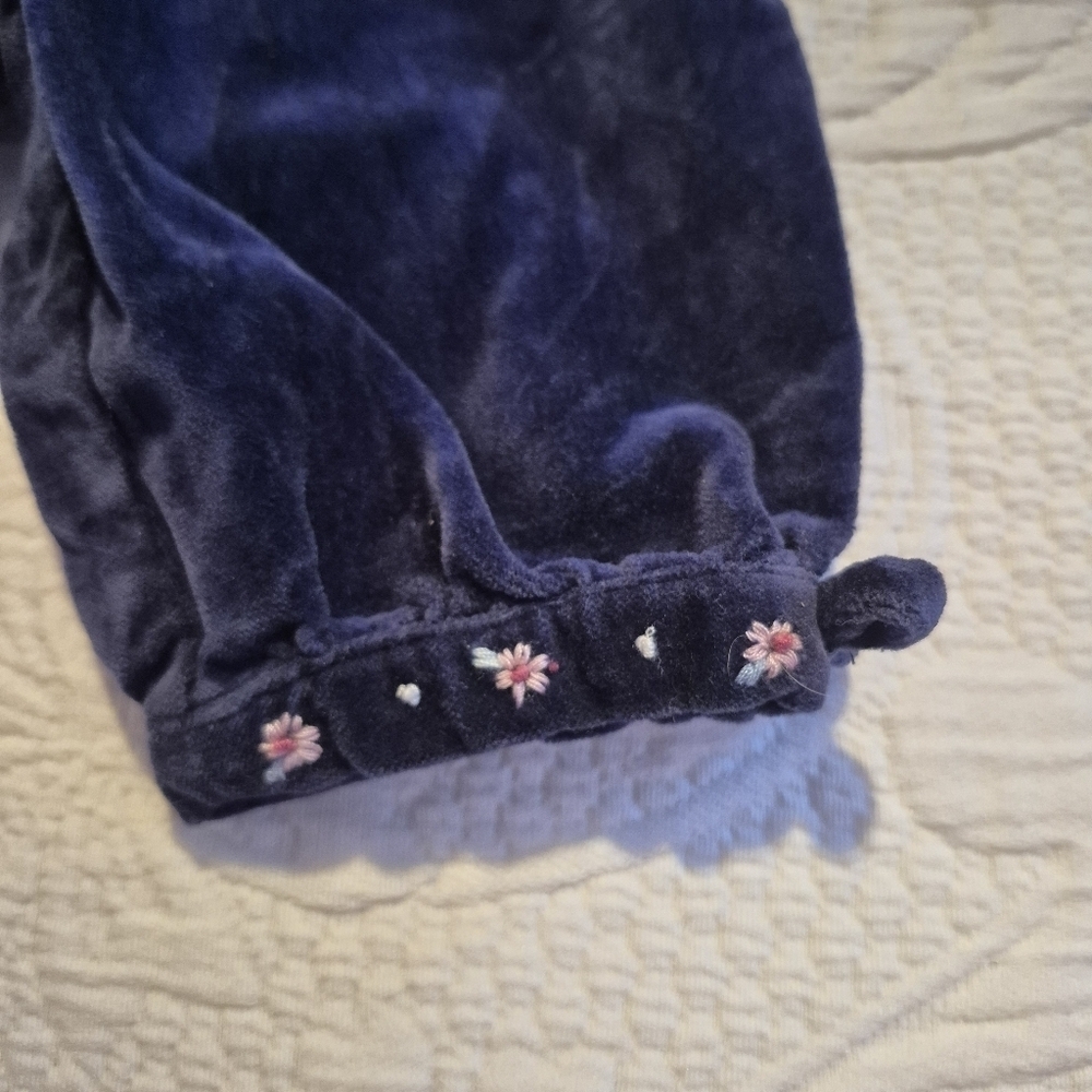 Janie and Jack girls size 0-3 months navy velvet pants, embroidered flowers VGUC - Picture 3 of 7